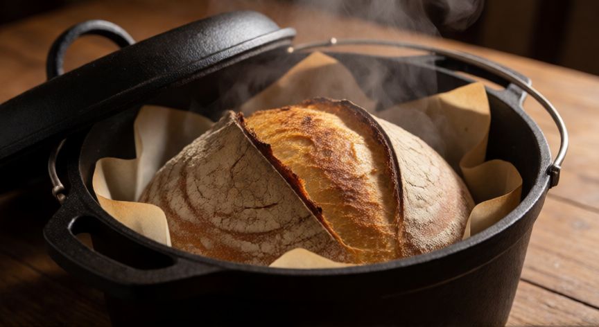 como hacer pan sin horno, Pan de masa madre cociéndose en olla de hierro fundido con vapor saliendo