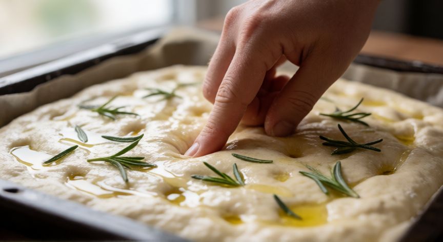 como hacer pan sin horno, Preparación de masa para focaccia con aceite de oliva y romero fresco