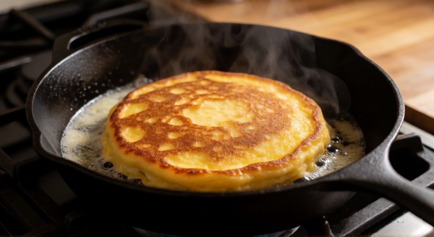 como hacer pan sin horno en 5 minutos, Sartén con pan líquido dorándose en la cocina