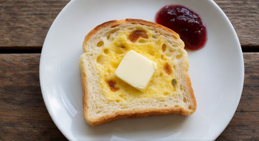 como hacer pan sin horno en 5 minutos, Plato con rebanada de pan rápido casero con mantequilla