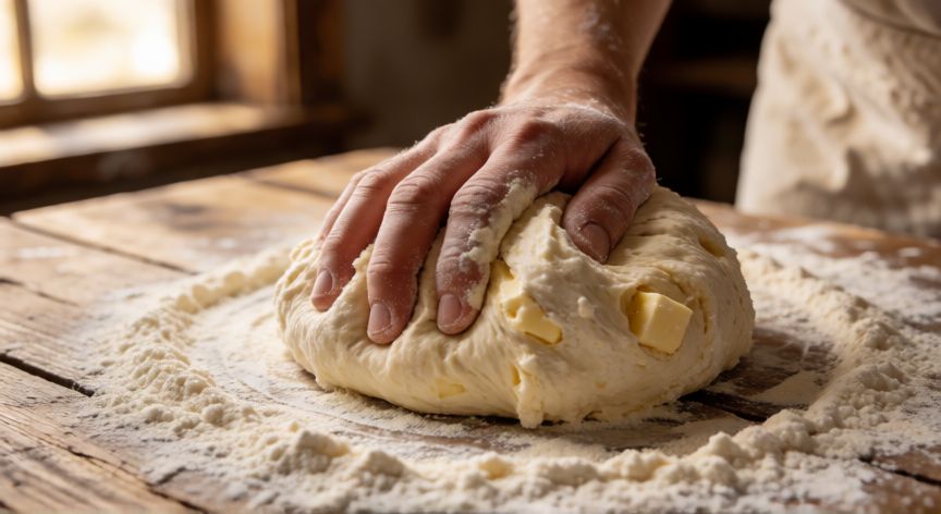 como hacer pan tanta wawa, Manos amasando masa de pan con mantequilla en mesa de madera