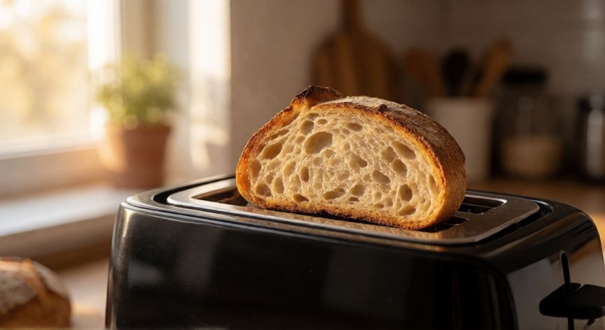 como hacer pan tostado, Rebanada de pan artesanal tomandose dorada en una tostadora moderna con luz matinal suave