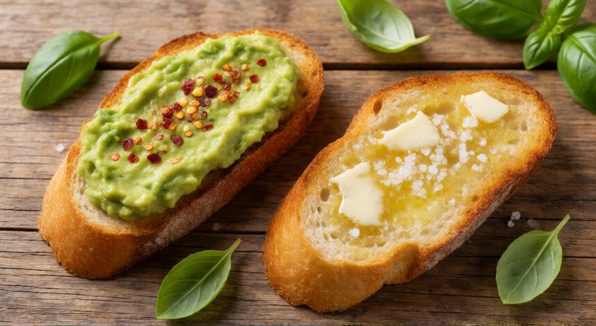 como hacer pan tostado, Tostadas de pan de barra con aguacate y mantequilla sobre mesa de madera rústica con albahaca fresca