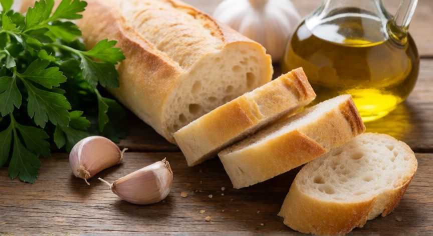 como hacer pan tostado con ajo y perejil, Ingredientes para pan de ajo: pan de barra, ajos frescos y perejil sobre mesa de madera