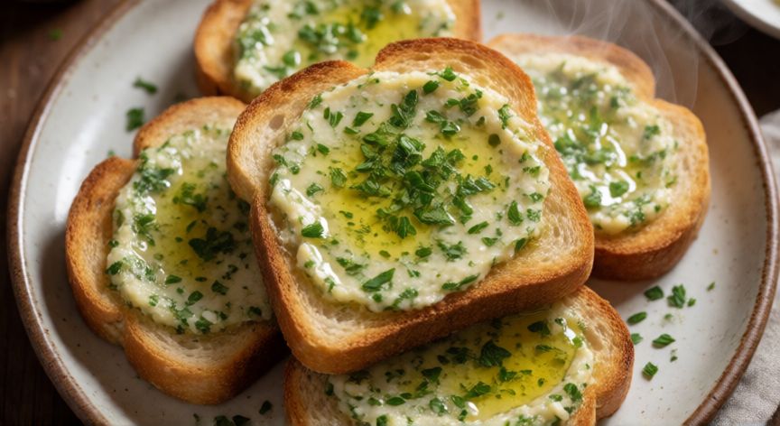 como hacer pan tostado con ajo y perejil, Rebanadas de pan tostado con ajo y perejil servidas en un plato de cerámica