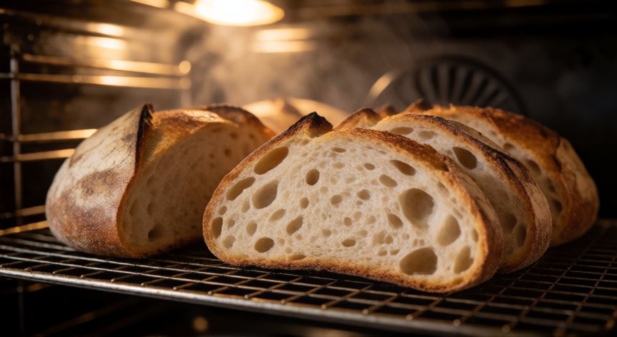 como hacer pan tostado en el horno, Rebanadas de pan artesanal dorándose en una rejilla dentro del horno