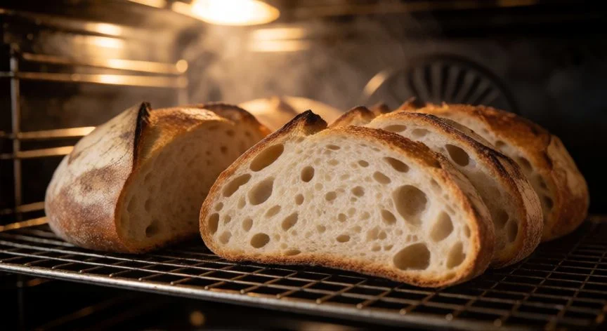 Rebanadas de pan artesanal dorándose en una rejilla dentro del horno