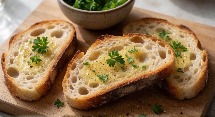 como hacer pan tostado en el horno, Tabla de madera con pan tostado untado con mantequilla y ajo sobre fondo rústico