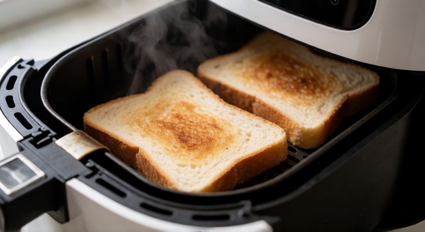 como hacer pan tostado en la freidora de aire, Rebanadas de pan dorándose en la cesta de una freidora de aire