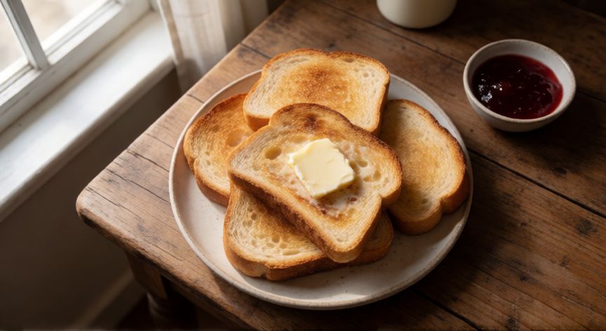 como hacer pan tostado en la freidora de aire, Desayuno saludable con pan tostado y mermelada sobre mesa de madera