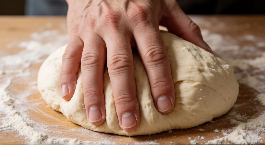 como hacer pan tumaca, Manos amasando una masa de pan suave y elástica sobre una superficie de madera