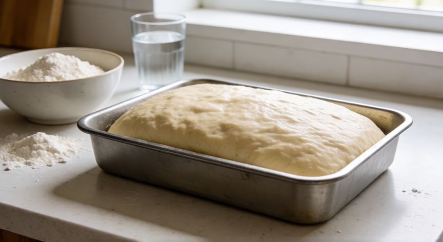 como hacer pan tumaca, Bandeja de horno rectangular con masa de pan tumaca fermentada lista para hornear