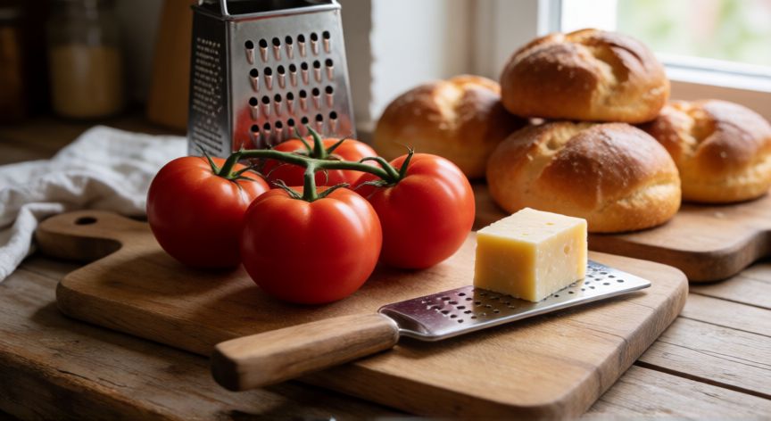 como hacer pan tumaca con jamon, Ingredientes frescos para preparar pan tumaca: tomates maduros y pan brioche