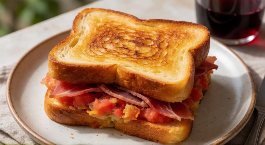 como hacer pan tumaca con jamon, Pan tumaca con jamón servido en un plato de cerámica con vino tinto