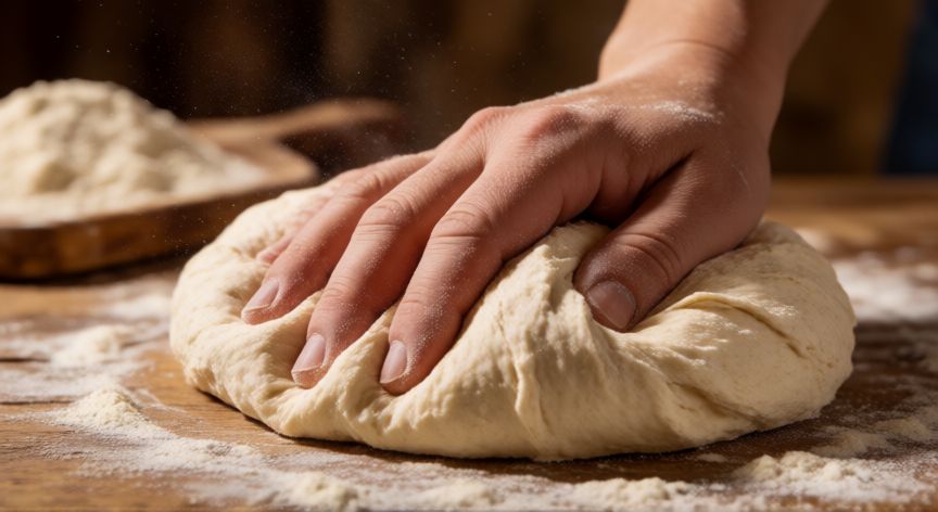 como hacer pan turco, Manos amasando masa de pan turco sobre una mesa de madera