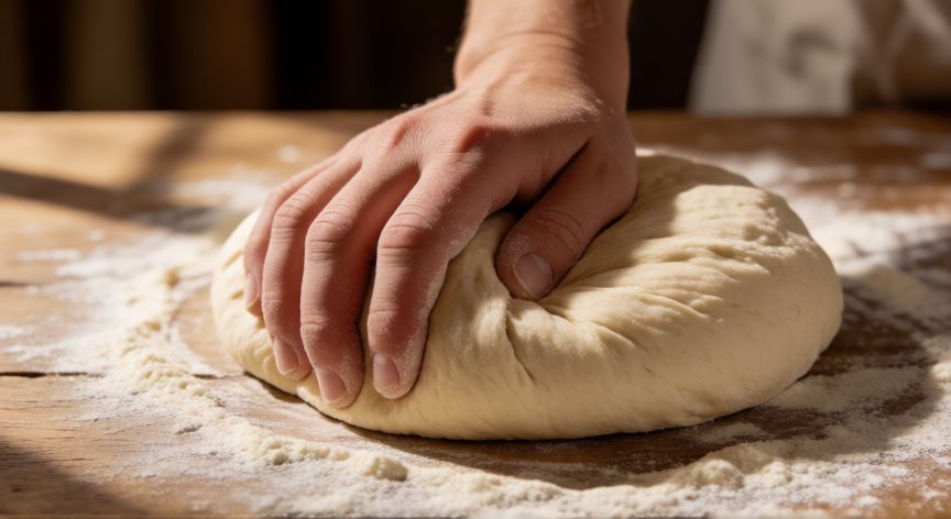 como hacer pan turco en sartén, Manos amasando masa de pan turco sobre mesa de madera con harina
