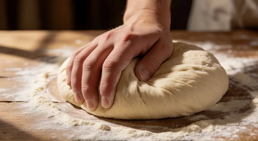 Manos amasando masa de pan turco sobre mesa de madera con harina