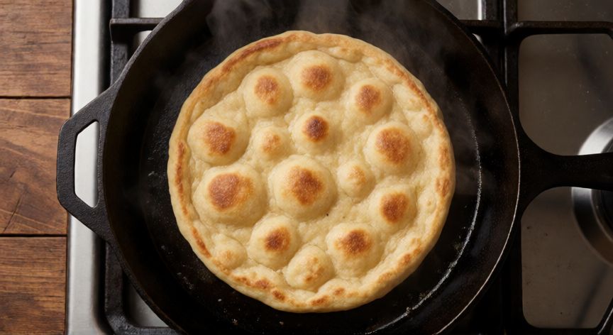 como hacer pan turco en sartén, Pan turco dorándose en una sartén de hierro fundido con burbujas doradas