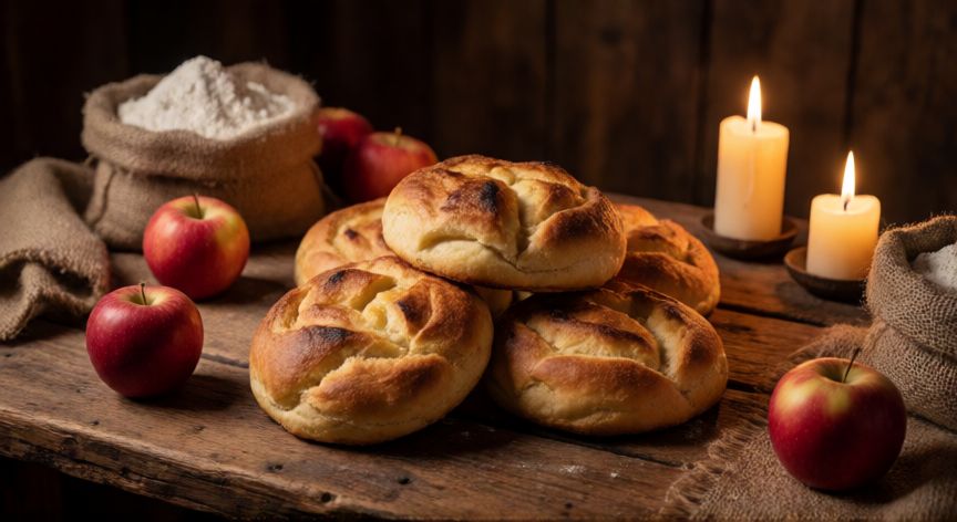 como hacer pan valheim, Pan de manzana recién horneado sobre mesa de madera con manzanas frescas en Valheim