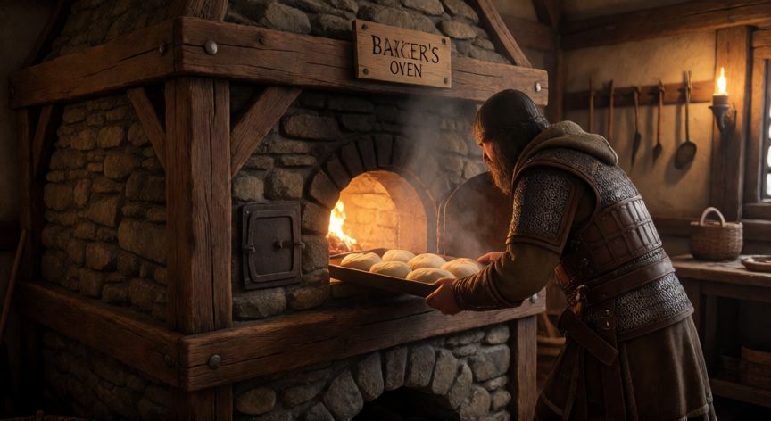 como hacer pan valheim, Jugador colocando masa en el horno de panadero dentro del taller nórdico