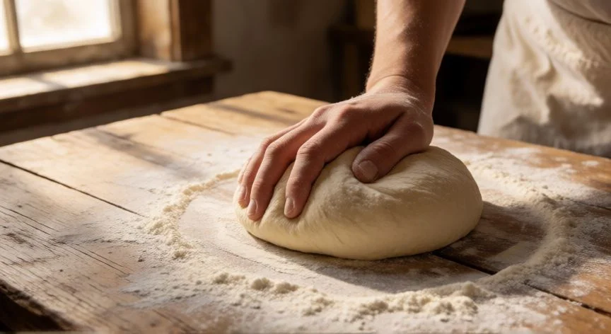 Manos amasando masa de pan vegano sobre mesa de madera con harina