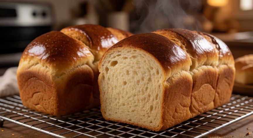 como hacer pan vegano, Hogazas de pan vegano doradas enfriándose en rejilla metálica