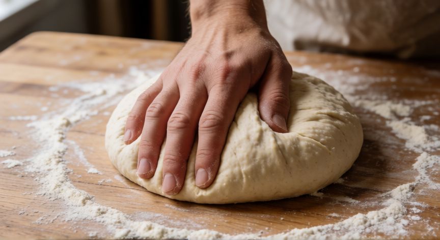 como hacer pan vegano casero, Manos amasando masa de pan vegano sobre mesa de madera