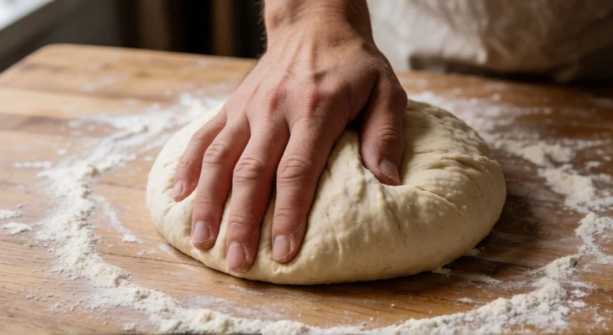 Manos amasando masa de pan vegano sobre mesa de madera