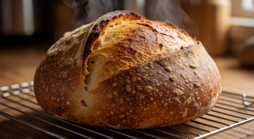 como hacer pan vegano casero, Hogaza de pan vegano recién horneada con corteza dorada