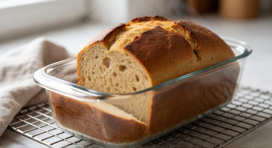 como hacer pan vegano sin gluten, Pan vegano sin gluten recién horneado dorado y esponjoso