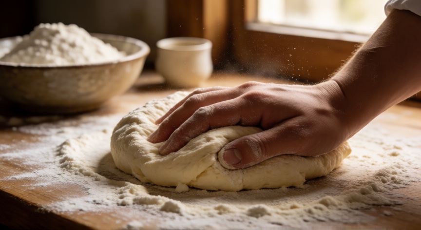 como hacer pan venezolano, Manos amasando masa de pan venezolano con harina y mantequilla en una cocina hogareña