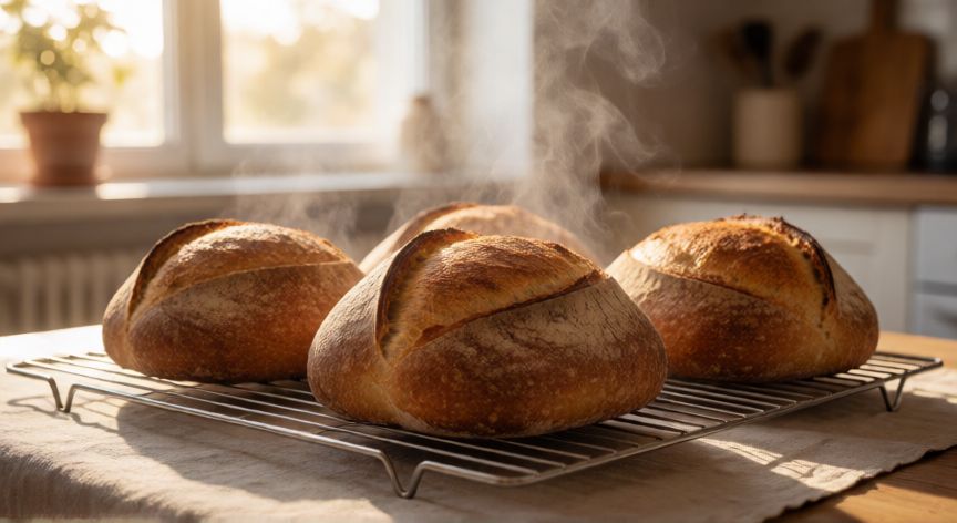 como hacer pan video, Hogazas de pan artesanal doradas enfriándose sobre rejilla metálica