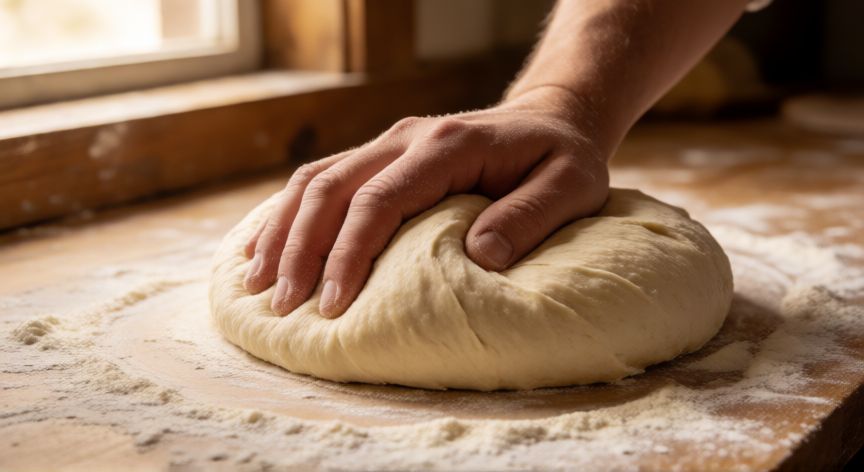 como hacer pan viena, Manos amasando masa suave de pan vienés sobre encimera de madera con harina