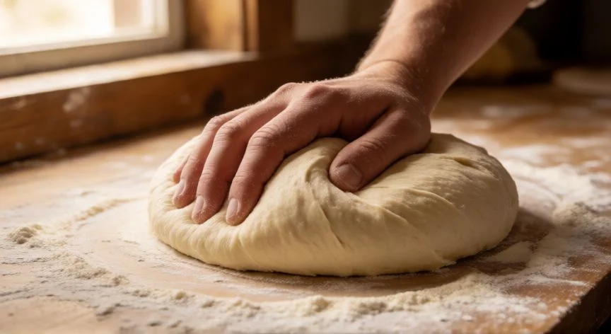 Manos amasando masa suave de pan vienés sobre encimera de madera con harina