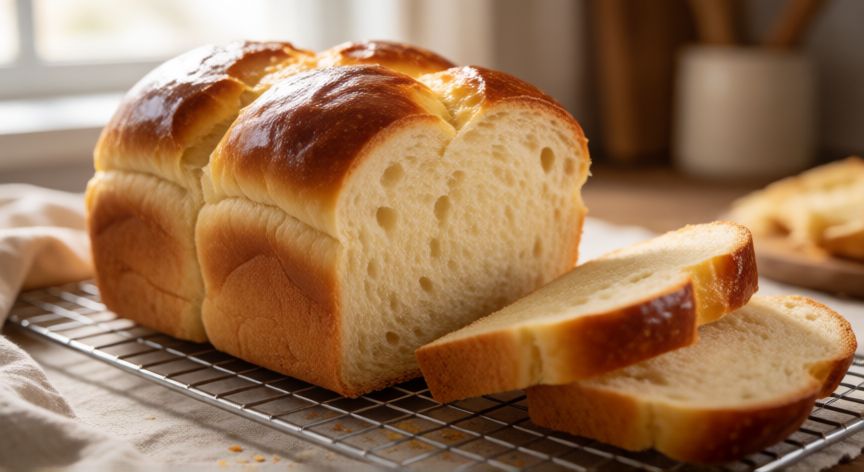 como hacer pan viena, Hogaza de pan vienés dorada y brillante enfriándose con rebanadas que muestran su miga esponjosa