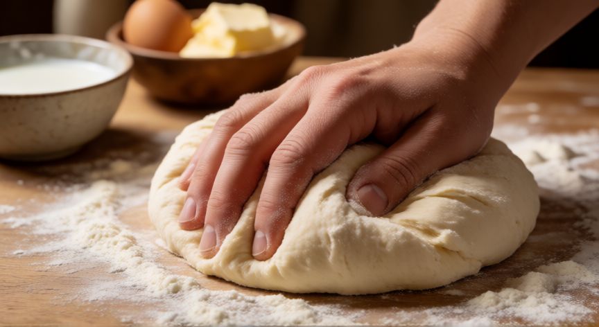 como hacer pan virginia, Manos amasando masa de pan Virginia sobre encimera de madera