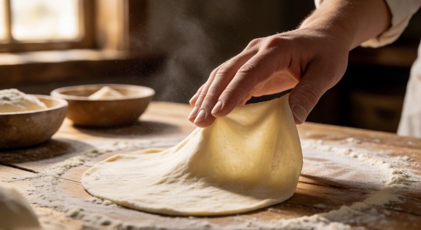 como hacer pan wasa casero, Estirando masa fina para pan Wasa casero en mesa de madera