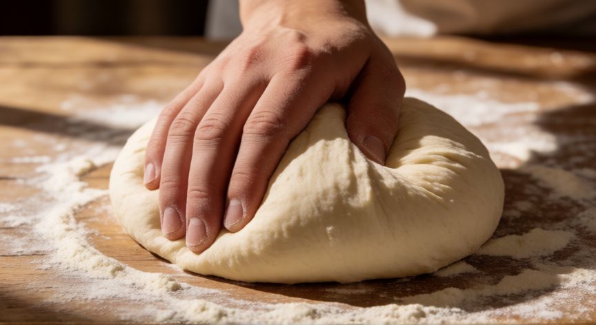 como hacer pan wawa, Manos amasando masa de pan wawa sobre mesa de madera enharinada
