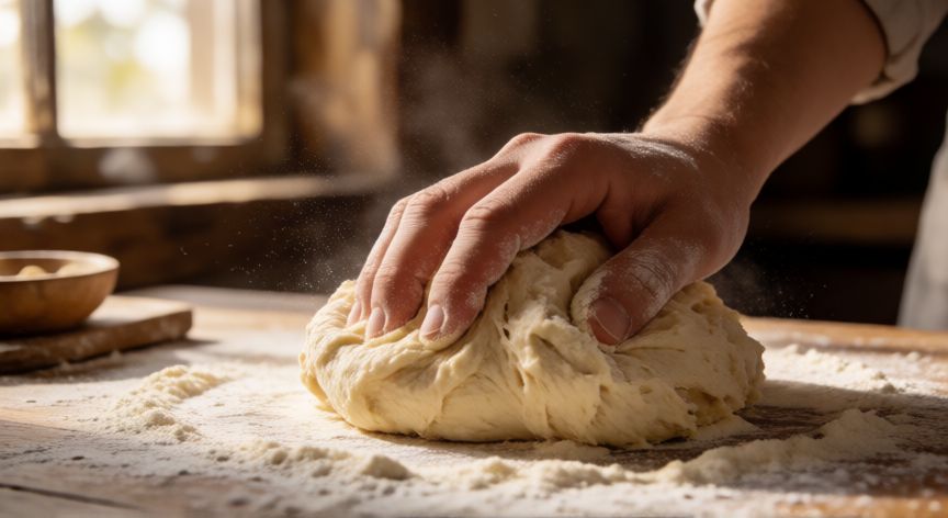 como hacer pan y enamorarse de la masa madre pdf, Manos amasando masa de pan con harina en una mesa de madera