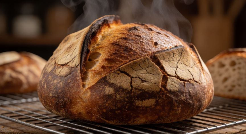 como hacer pan y enamorarse de la masa madre pdf, Pan de masa madre recién horneado con corteza dorada y crujiente