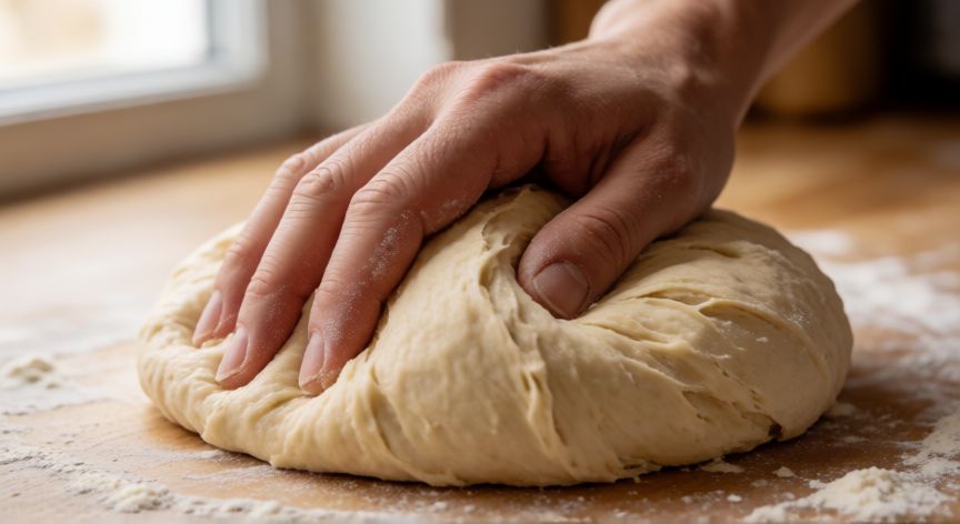 como hacer pan y que no quede duro, Manos amasando una masa de pan hidratada y elástica sobre tabla de madera