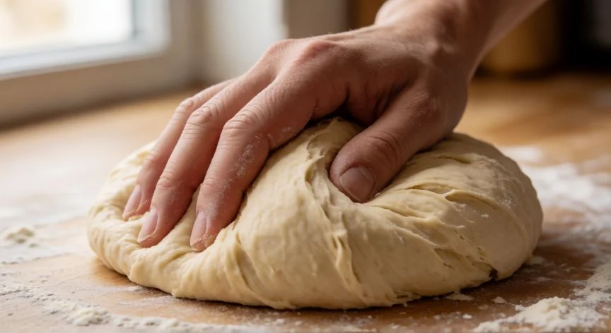 Manos amasando una masa de pan hidratada y elástica sobre tabla de madera