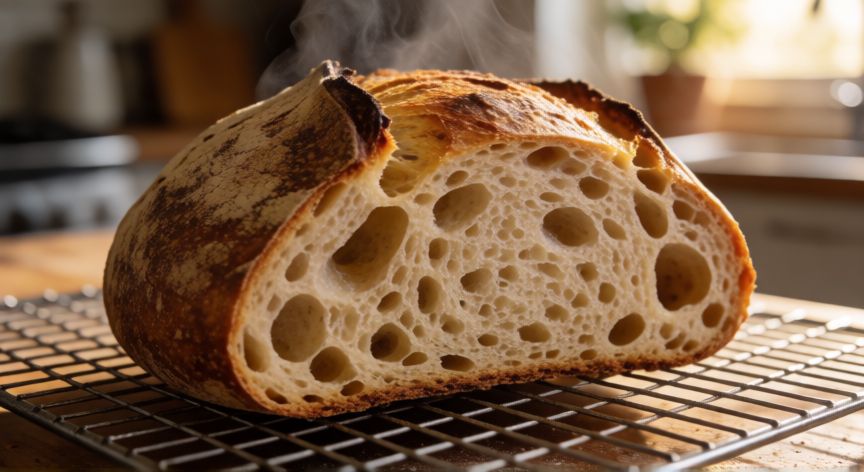 como hacer pan y que no quede duro, Pan de masa madre recién horneado sobre rejilla mostrando miga esponjosa y húmeda