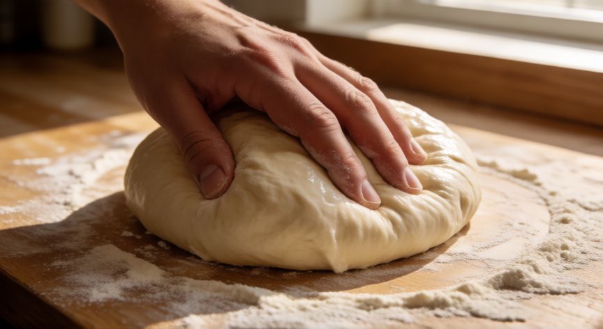 como hacer pan y que quede blando, Manos amasando masa de pan suave y elástica sobre mesa de madera