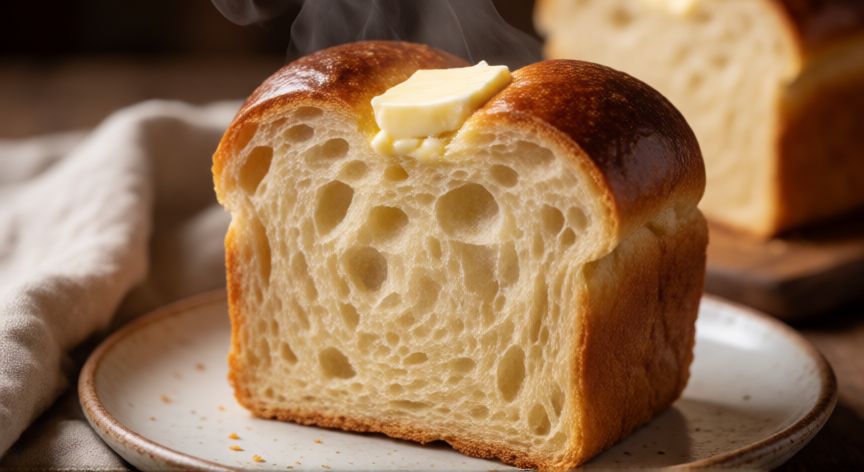 como hacer pan y que quede blando, Rebanada de pan brioche suave con miga aireada y mantequilla fundida