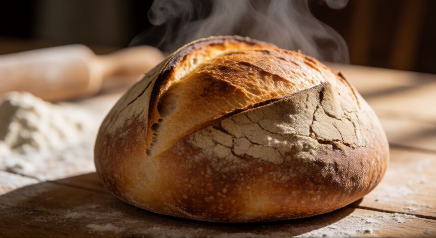 como hacer pan y tortitas caseras, Pan de masa madre artesanal recién horneado con corteza dorada sobre mesa de madera