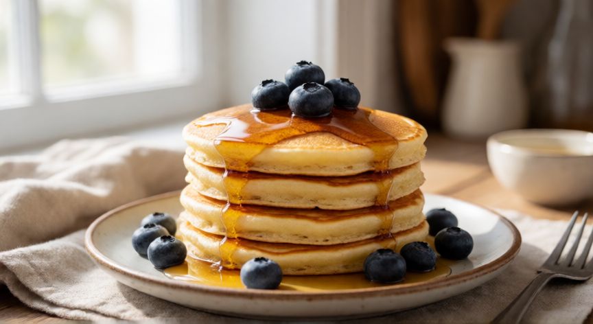 como hacer pan y tortitas caseras, Torre de tortitas esponjosas con sirope de arce y arándanos en un plato de cerámica