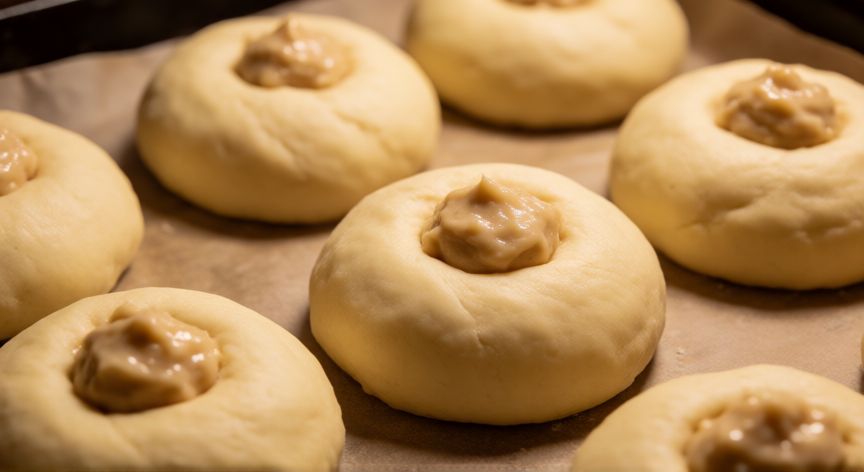 como hacer pan yema, Masa de pan yema rellena con pasta de maní antes de hornear