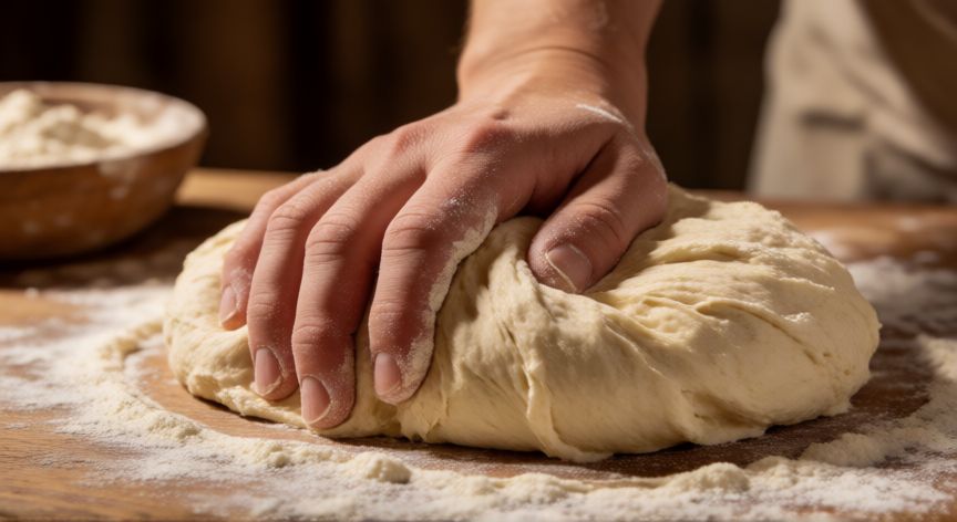 como hacer pan youtube, Manos amasando masa de pan sobre superficie de madera con harina