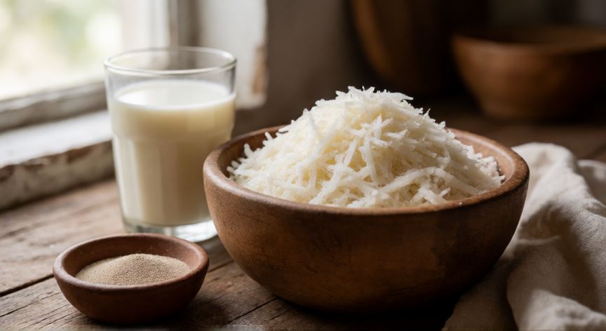 como hacer pan yuca, Ingredientes para pan de yuca: yuca rallada, leche tibia y levadura fresca sobre mesa de madera